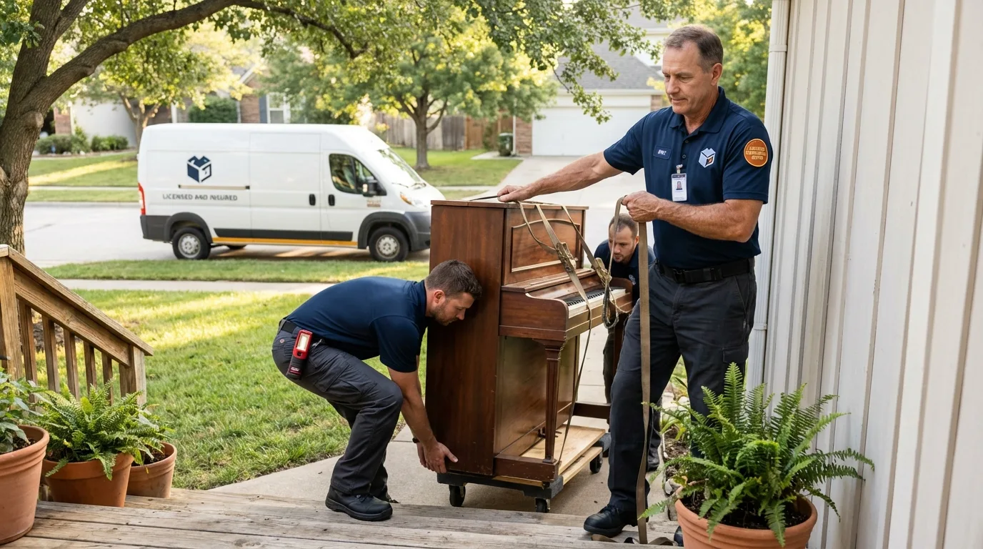 Licensed piano movers securing grand piano in Stanton, NE