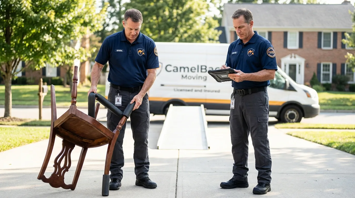 Movers inspecting furniture for damage prevention before loading in Stanton, NE